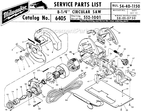 Page A Diagram and Parts List for 6405 SER 552-1001 Milwaukee Circular Saw