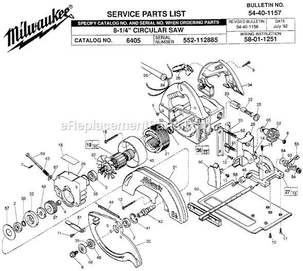 Page A Diagram and Parts List for 6405 SER 552-112885 Milwaukee Circular Saw