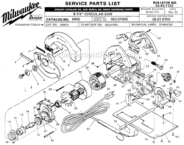 Page A Diagram and Parts List for 6405 SER 552-31000 Milwaukee Circular Saw