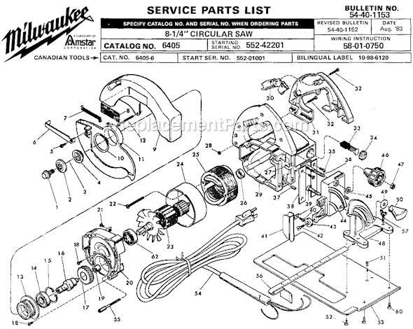 Page A Diagram and Parts List for 6405 SER 552-42201 Milwaukee Circular Saw