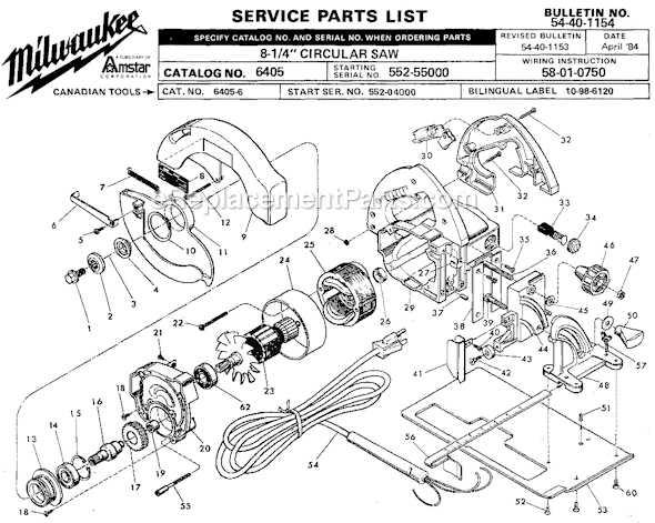 Page A Diagram and Parts List for 6405 SER 552-55000 Milwaukee Circular Saw