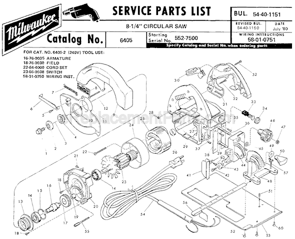 Page A Diagram and Parts List for 6405 SER 552-7500 Milwaukee Circular Saw