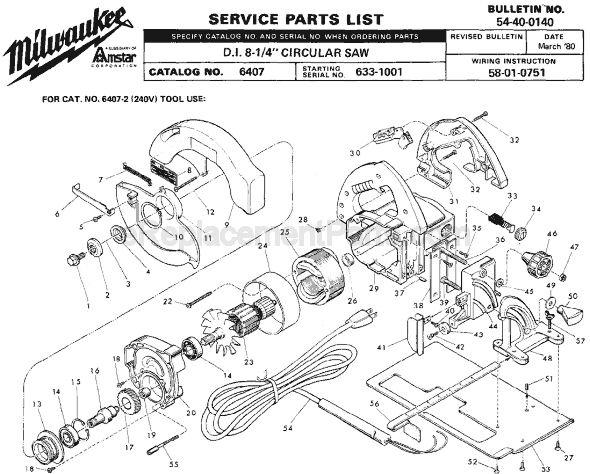 Page A Diagram and Parts List for 6407 SER 633-1001 Milwaukee Circular Saw