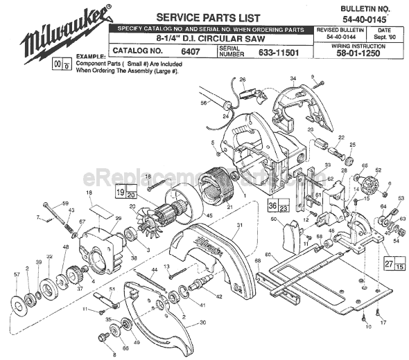 Page A Diagram and Parts List for 6407 SER 633-11501 Milwaukee Circular Saw