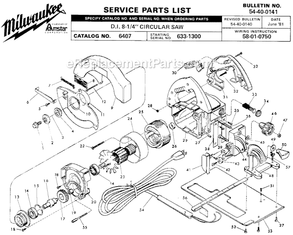 Page A Diagram and Parts List for 6407 SER 633-1300 Milwaukee Circular Saw