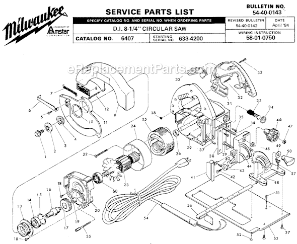 Page A Diagram and Parts List for 6407 SER 633-4200 Milwaukee Circular Saw