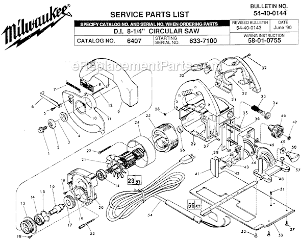 Page A Diagram and Parts List for 6407 SER 633-7100 Milwaukee Circular Saw