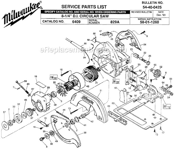 Page A Diagram and Parts List for 6409 SER 829A Milwaukee Circular Saw