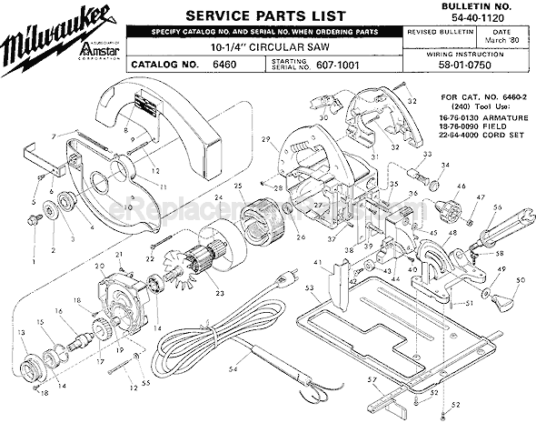 Page A Diagram and Parts List for 6460 SER 607-1001 Milwaukee Circular Saw