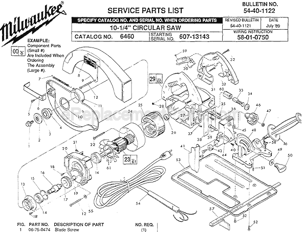 Page A Diagram and Parts List for 6460 SER 607-13143 Milwaukee Circular Saw