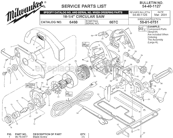 Page A Diagram and Parts List for 6460 SER 607C Milwaukee Circular Saw