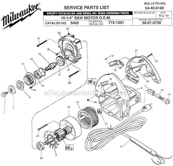 Page A Diagram and Parts List for 6465 SER 772-1001 Milwaukee Circular Saw