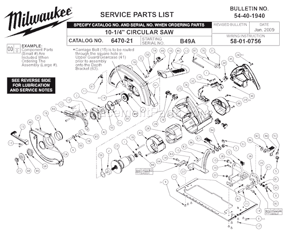 Page A Diagram and Parts List for 6470-21 SER B49A Milwaukee Circular Saw