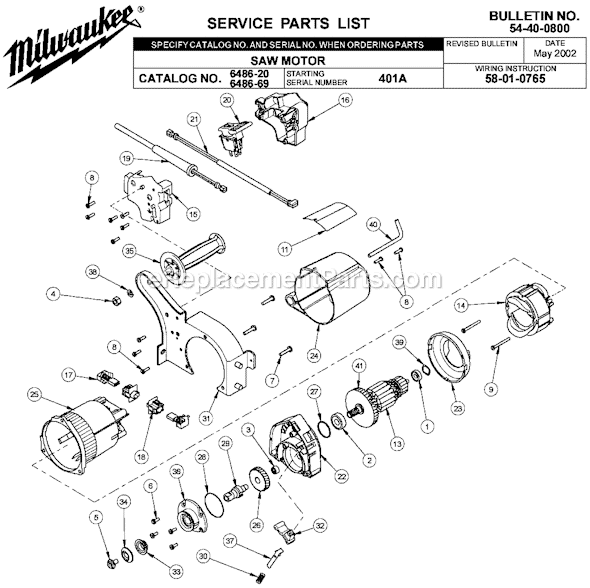 Page A Diagram and Parts List for 6486-20 SER 401A Milwaukee Circular Saw