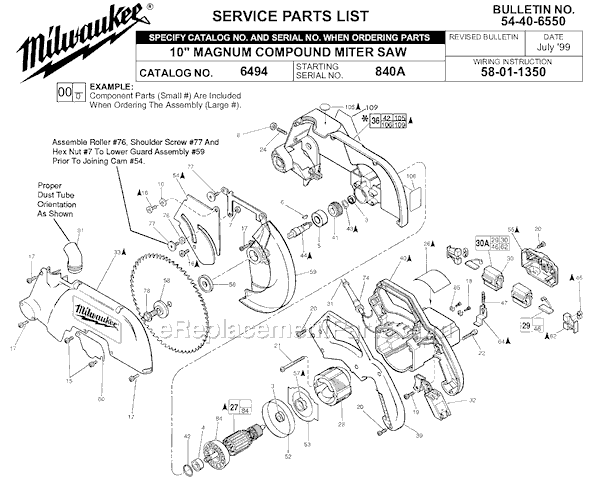 Page A Diagram and Parts List for 6494 SER 840A Milwaukee Miter Saw