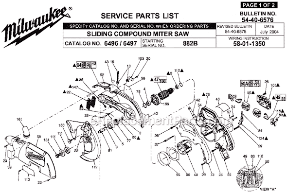 Page A Diagram and Parts List for 6496 SER 882B Milwaukee Miter Saw