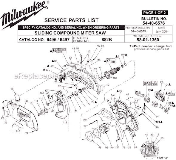 Page A Diagram and Parts List for 6497 SER 882B Milwaukee Miter Saw