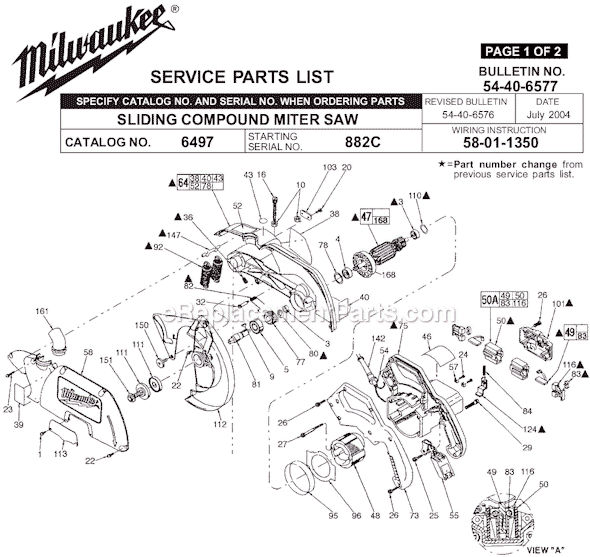 Page A Diagram and Parts List for 6497 SER 882C Milwaukee Miter Saw