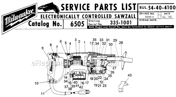 Page A Diagram and Parts List for 6505 SER 335-1001 Milwaukee Reciprocating Saw