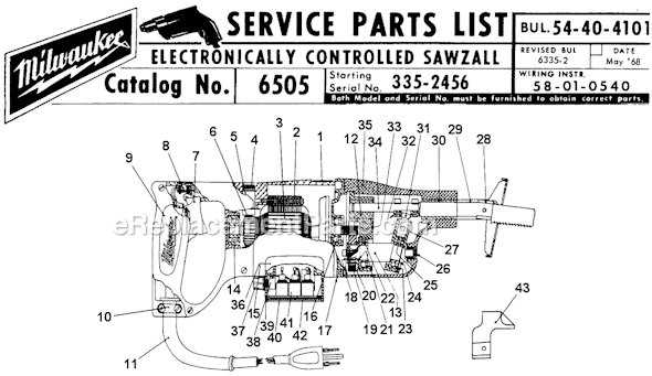 Page A Diagram and Parts List for 6505 SER 335-2456 Milwaukee Reciprocating Saw