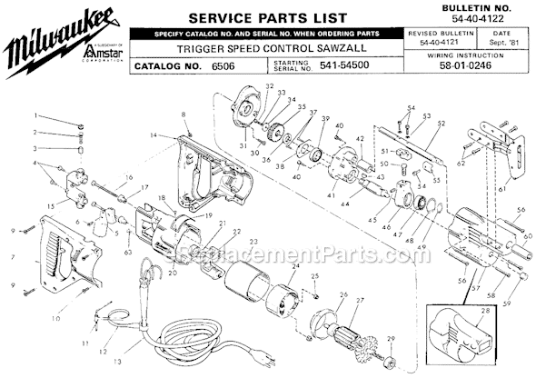 Page A Diagram and Parts List for 6506 SER 541-54500 Milwaukee Reciprocating Saw