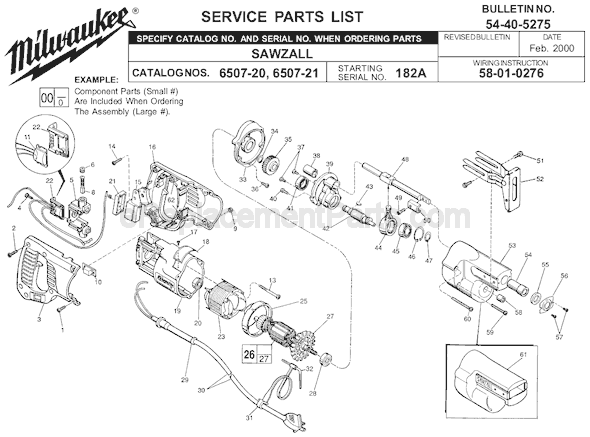 Page A Diagram and Parts List for 6507-20 SER 182A Milwaukee Reciprocating Saw