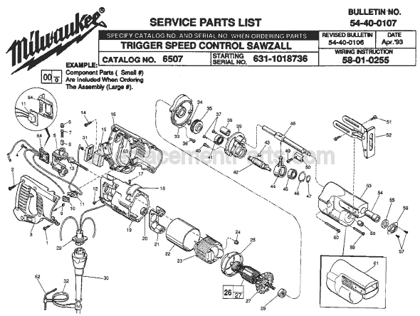 Page A Diagram and Parts List for 6507 SER 631-1018736 Milwaukee Reciprocating Saw