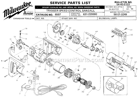 Page A Diagram and Parts List for 6507 SER 631-220000 Milwaukee Reciprocating Saw