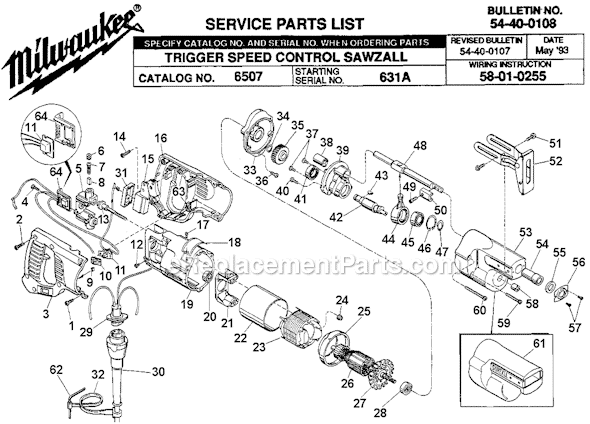 Page A Diagram and Parts List for 6507 SER 631A Milwaukee Reciprocating Saw