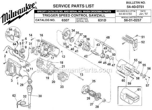 Page A Diagram and Parts List for 6507 SER 631D Milwaukee Reciprocating Saw