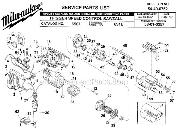 Page A Diagram and Parts List for 6507 SER 631E Milwaukee Reciprocating Saw