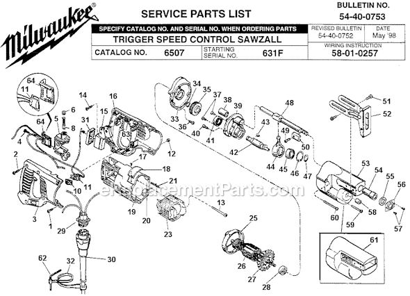 Page A Diagram and Parts List for 6507 SER 631F Milwaukee Reciprocating Saw
