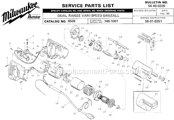 Page A Diagram and Parts List for 6508 SER 748-1001 Milwaukee Reciprocating Saw