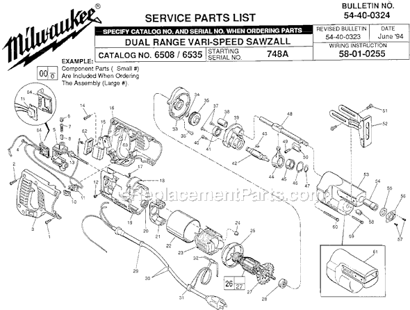 Page A Diagram and Parts List for 6508 SER 748A Milwaukee Reciprocating Saw