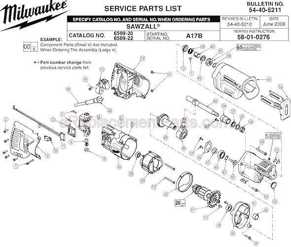 Page A Diagram and Parts List for 6509-20 SER A17B Milwaukee Reciprocating Saw