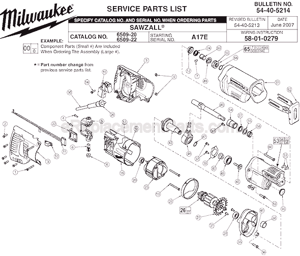Page A Diagram and Parts List for 6509-20 SER A17E Milwaukee Reciprocating Saw