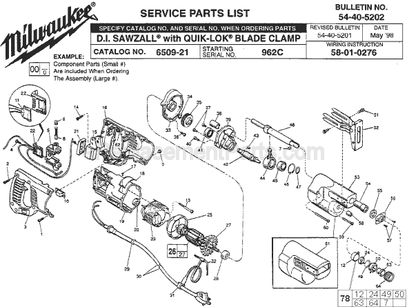 Page A Diagram and Parts List for 6509-21 SER 962C Milwaukee Reciprocating Saw