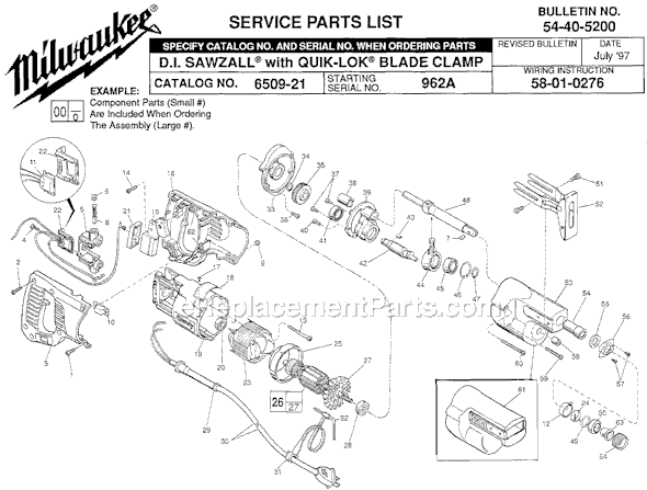 Page A Diagram and Parts List for 6509-21 SER 962A Milwaukee Reciprocating Saw