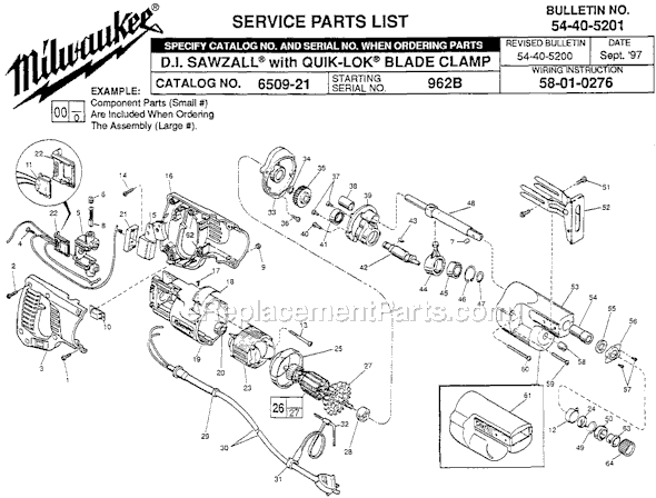 Page A Diagram and Parts List for 6509-21 SER 962B Milwaukee Reciprocating Saw