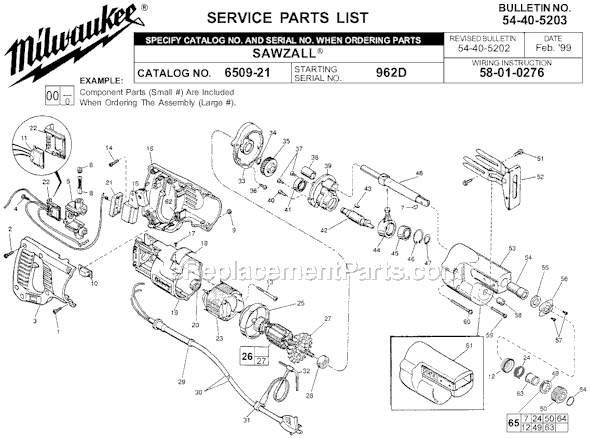 Page A Diagram and Parts List for 6509-21 SER 962D Milwaukee Reciprocating Saw