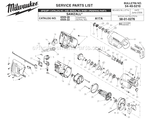 Page A Diagram and Parts List for 6509-22 SER A17A Milwaukee Reciprocating Saw