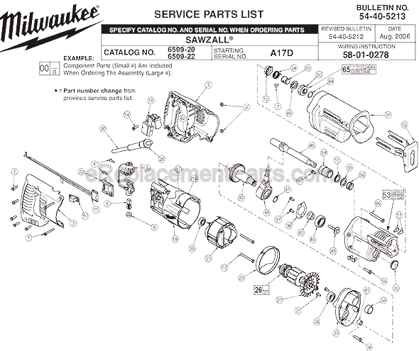 Page A Diagram and Parts List for 6509-22 SER A17D Milwaukee Reciprocating Saw