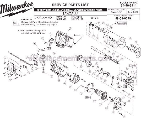 Page A Diagram and Parts List for 6509-22 SER A17E Milwaukee Reciprocating Saw