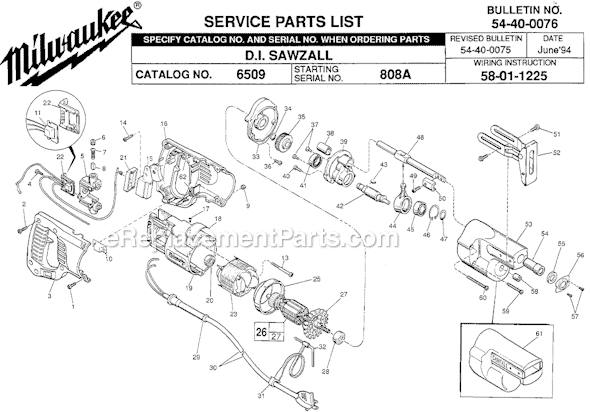 Page A Diagram and Parts List for 6509 SER 808A Milwaukee Reciprocating Saw