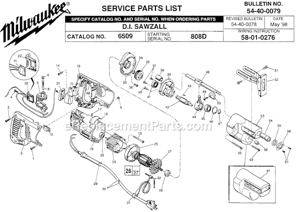 Page A Diagram and Parts List for 6509 SER 808D Milwaukee Reciprocating Saw