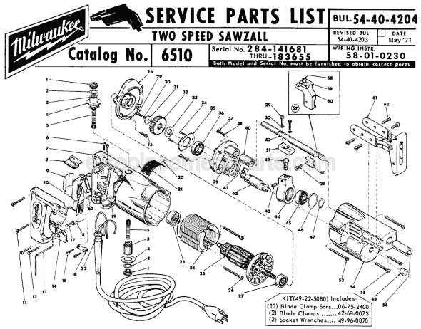 Page A Diagram and Parts List for 6510 SER 284-141681 Milwaukee Reciprocating Saw