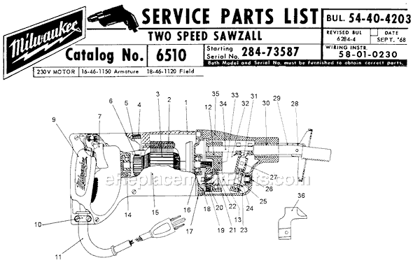 Page A Diagram and Parts List for 6510 Ser 284-73587 Milwaukee Reciprocating Saw