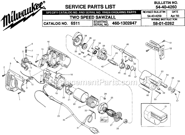 Page A Diagram and Parts List for 6511 SER 460-1302847 Milwaukee Reciprocating Saw