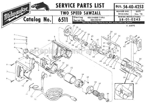 Page A Diagram and Parts List for 6511 SER 460-244899 Milwaukee Reciprocating Saw