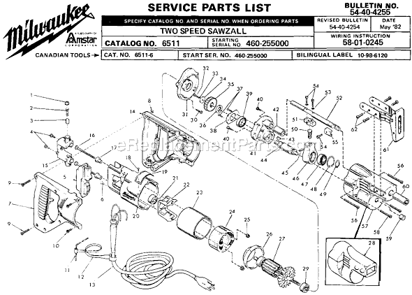 Page A Diagram and Parts List for 6511 SER 460-255000 Milwaukee Reciprocating Saw